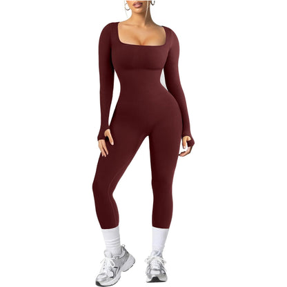 Women Long Sleeve Built-In Bra Square Neck Jumpsuits
