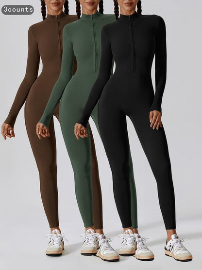 Women's Solid Zip Up Long Sleeve Sports Jumpsuit