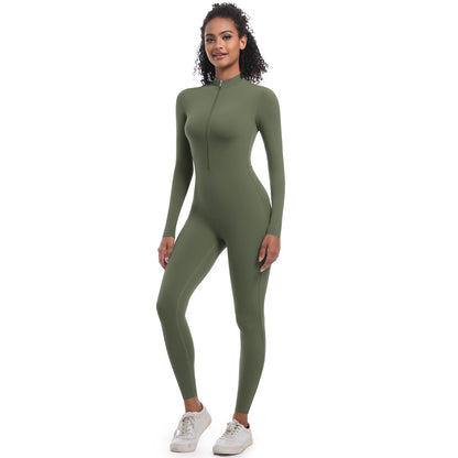 Women's Solid Zip Up Long Sleeve Sports Jumpsuit
