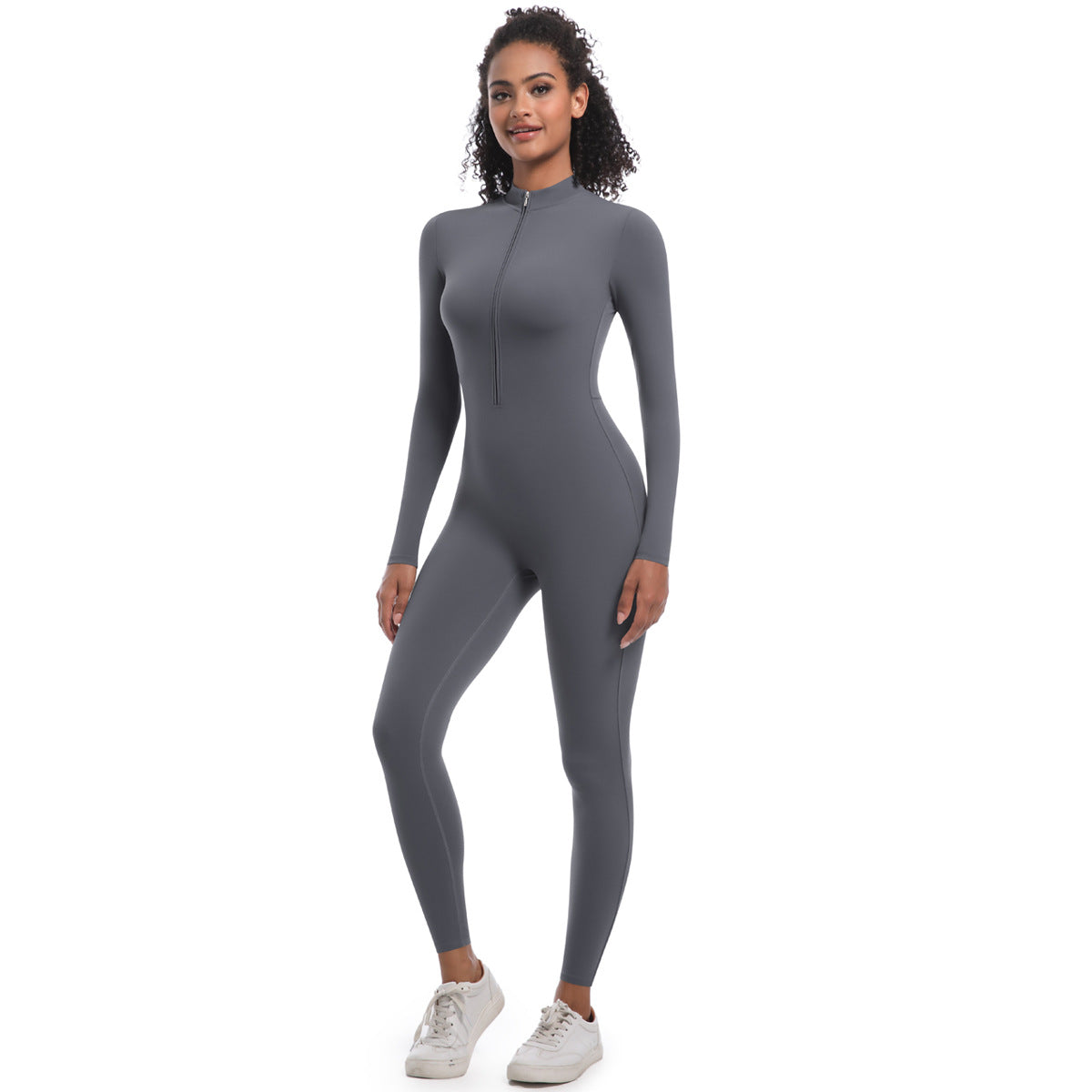 Women's Solid Zip Up Long Sleeve Sports Jumpsuit