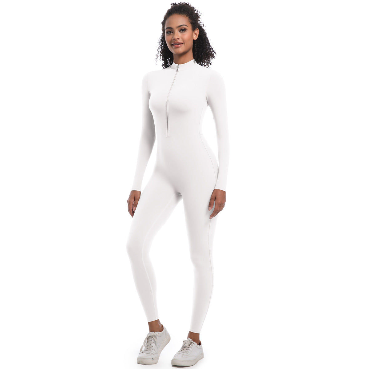 Women's Solid Zip Up Long Sleeve Sports Jumpsuit