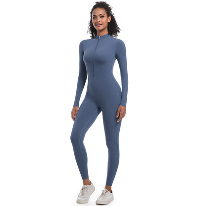 Women's Solid Zip Up Long Sleeve Sports Jumpsuit